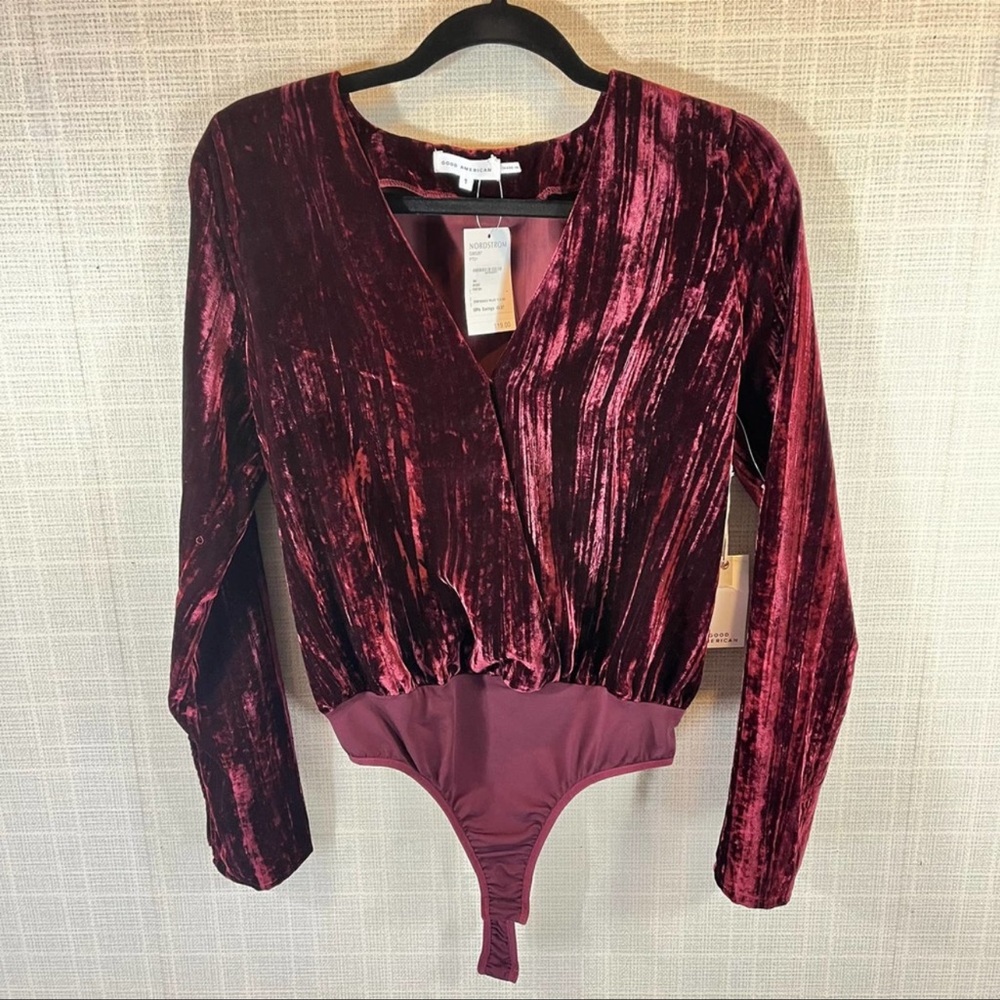 NWT Good American crushed velvet burgundy wrap plunge neck bodysuit sz 1 sm